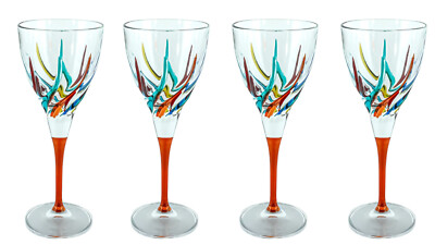 Set of Four 4 Murano Wine Glass Hand Painted Multi Orange Stem Venice Italy
