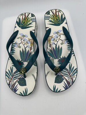 Tory Burch Green Jelly Printed Floral Rubber Thong Wedge Sandals Women Sz  11M