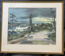 Aquarell Unreadable Signed Night Sky Street Panorama Rhine Antique