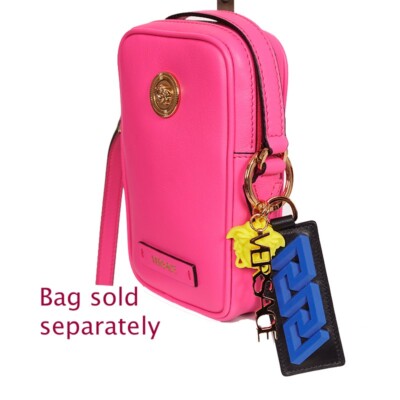 NEW $425 VERSACE Black Leather w/ Blue Rubber LA GRECA MEDUSA Key