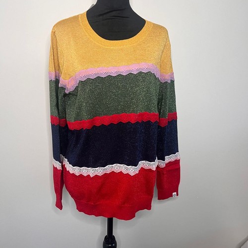Desigual Colorblock Błyszczący sweter Koronkowe wykończenie Świąteczne wakacje Impreza Rozmiar Large