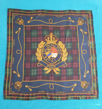 Polo Ralph Lauren Silk Scarf Vintage 90s Crest Established 1967 Blue Plaid 35x35