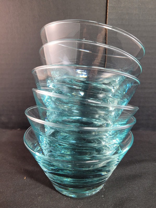 6 Vintage Libbey Glass Saturn Optic Aqua Ice Blue Ripple Sherbet Bowls EUC HTF