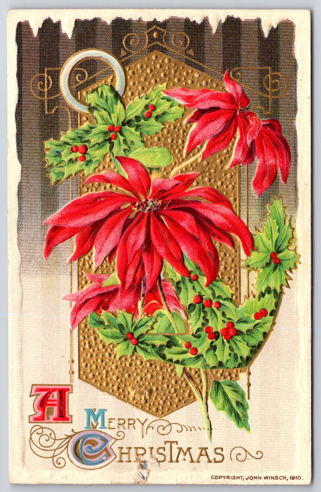 Poinsettia Flowers and Holly Embossed 1910 John Winsch Christmas Postcard