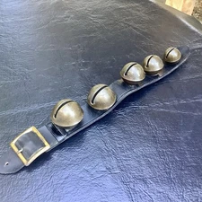 Vintage Sleigh Bells On Leather Strap Buckle  5 Bells Descending Size Etched 19”