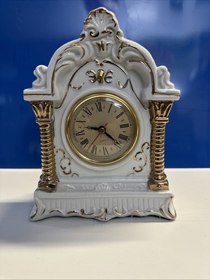 Vintage White & gold Porcelain NOA Quartz Mantle Clock Japan WORKS