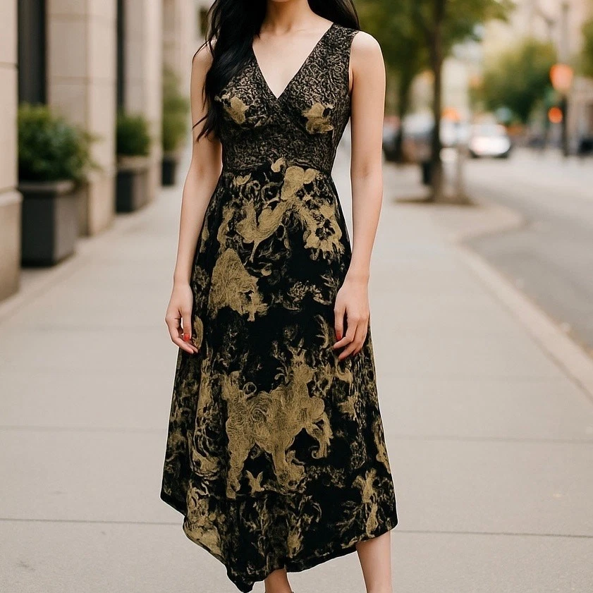 INC Women's Vintage Embroidered 100% Silk Handkerchief Hem Dress Size 10 Black - Image 2 of 4