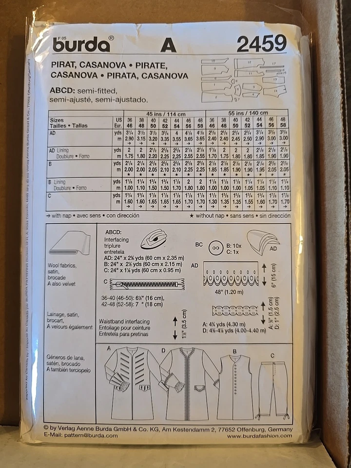 Men's Pirate & Casanova Costume Sewing Pattern Burda 2459 Cut Size 50 - Image 2 of 2
