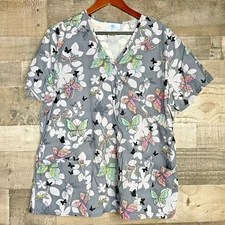 SB Scrubs Women XL Scrub Top Floral Butterflies Dragonflies Short Sleeve Pockets