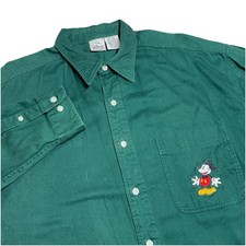 Vintage Disney Store Button Up Green Shirt Mens X Large Embroidered Mickey Mouse