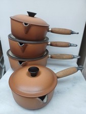 Set Of 4 Le Creuset Cast Iron Saucepans With Lids Wooden Handles Hazelnut Brown