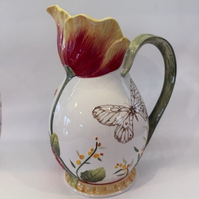 Fitz and Floyd Flower Market Pitcher Bright Color Poppy Butterfly Hydrangea NWOB