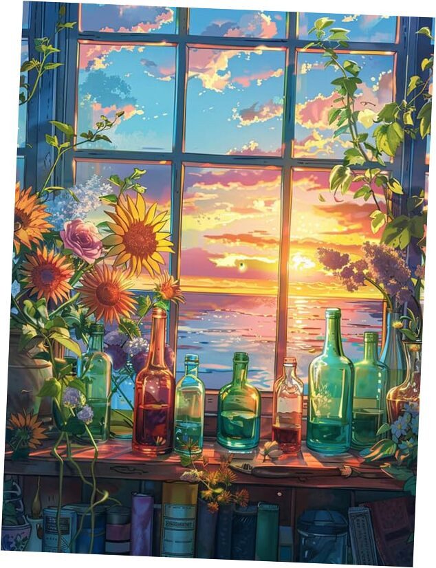 5D Diamond Art Kits for Adults Sunset in The Window, Full Drill Diamond Art