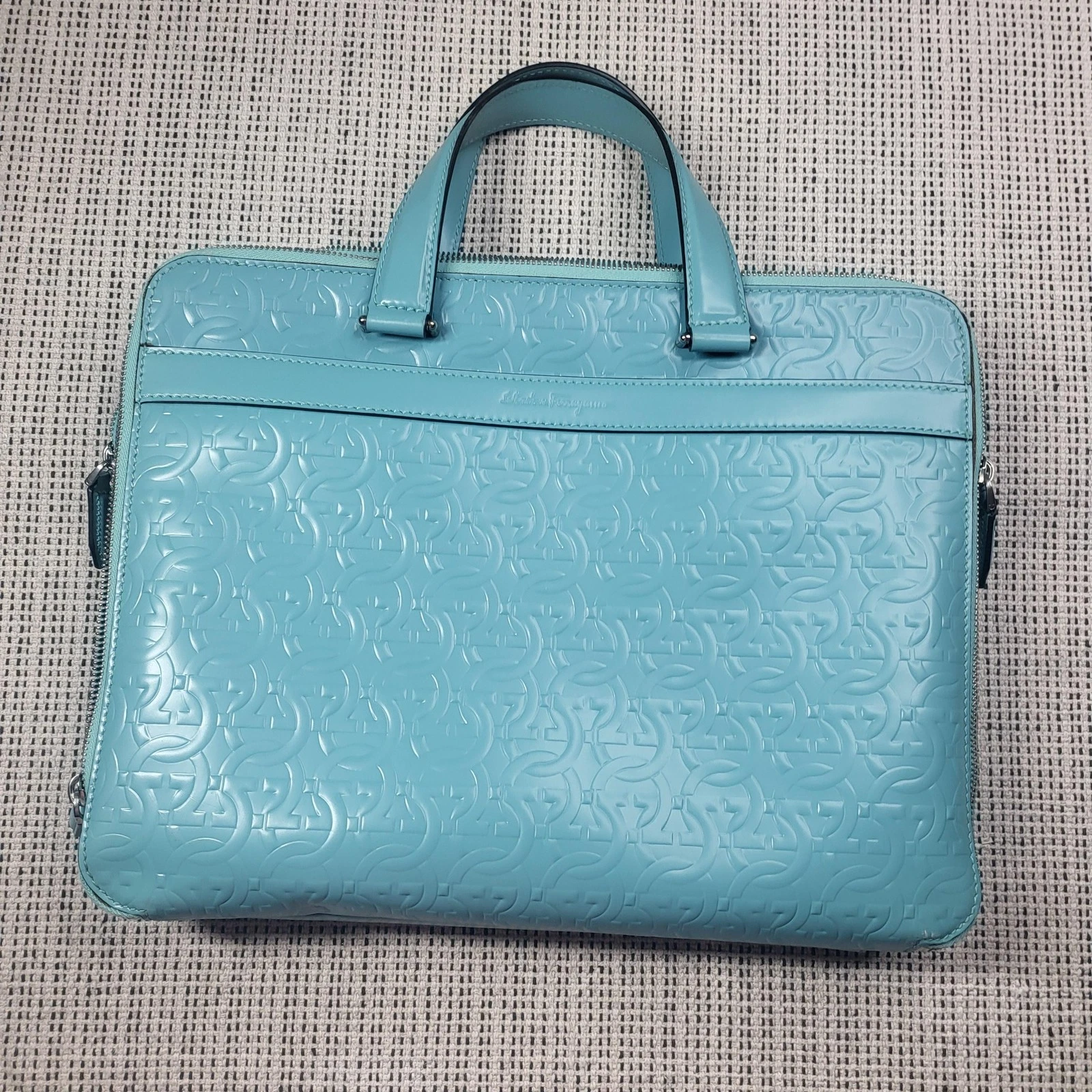 Ferragamo — Salvatore Ferragamo Gancini Laptop Bag Womens Large Turquoise Leather Embossed