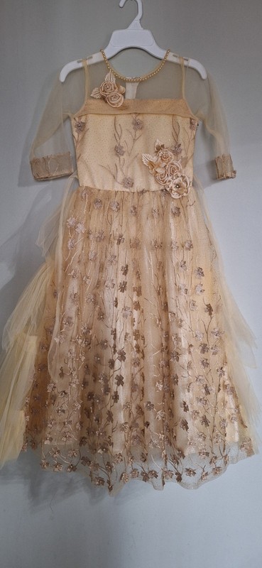 Girls Ball Gown Dress Gold Beige Floral Embroidered Long Size 26 Party