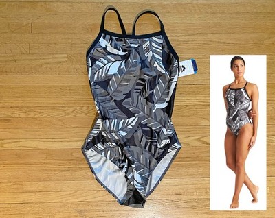 ARENA Tropical Light Drop Swimsuit Competition Training NWT B&W Leaf Print 12 38