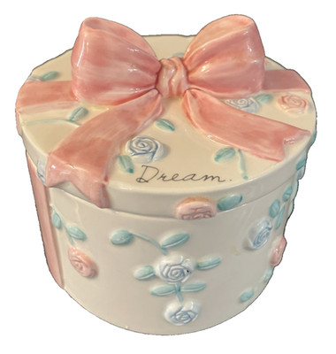 Vintage Trinket Box Pink Blue Bow Flowers Lid Signed Flavia D4.25'' x H3.75''