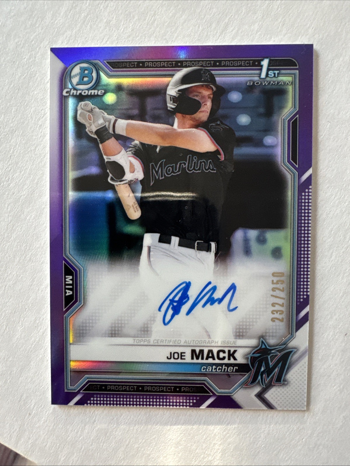 2021 Bowman Chrome Draft JOE MACK RC Auto CDA-JMA Purple Refractor /250 Marlins