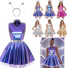 US Women Dress Clubwear Alien Costume Tulle Layers Cosplay Glossy Outfit Fancy