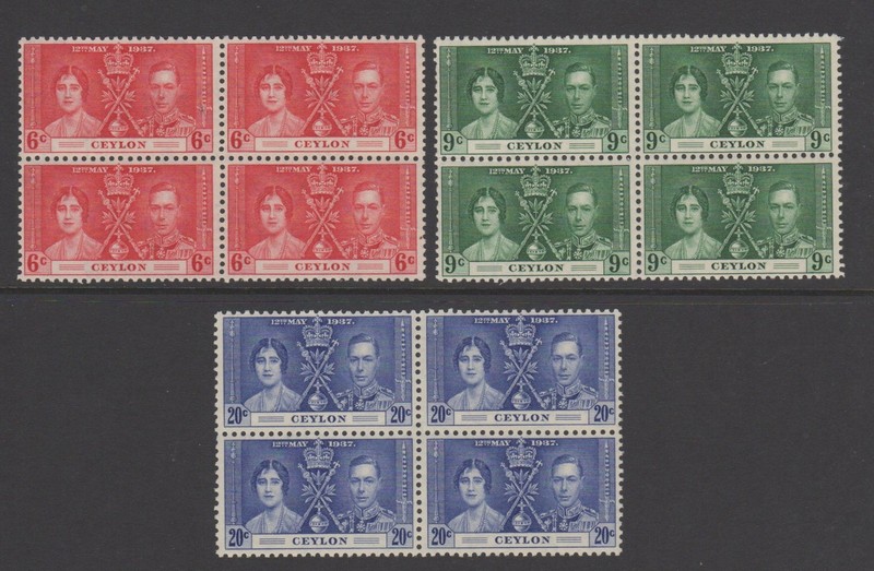 1937 Coronation Ceylon Sc#275-277 M-NH Blocks of 4 Cat $64.00