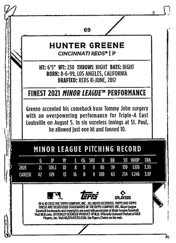 2022 Finest #69 Hunter Greene - Picture 2 of 2