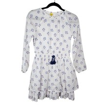 Mini Boden girl 11-12 dress white floral smocked waist long sleeve