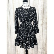Entro Black Floral Chiffon Ruffle Mini Dress Sz Medium Side Cut Outs Long Sleeve