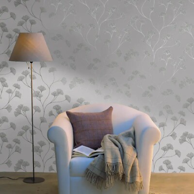 Holden Glitzernde Ginkgo Floral Grau Rosegold Metallic Schimmer Effekt Tapete