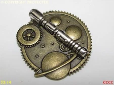 Steampunk badge brooch planets sonic screwdriver Doctor Who police box timelord 