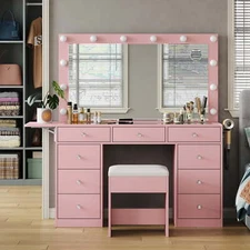 Vanity Desk with Mirror, Power Outlet, 9 Drawers, Glass Top, Pink Vanity
