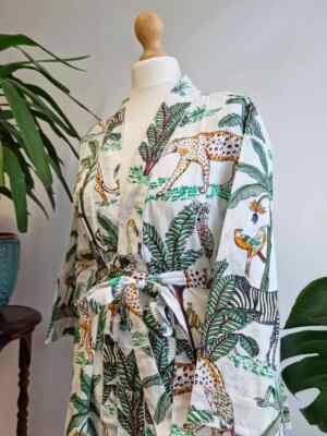 Pure Cotton Indian Jungle printed House Robe Summer Kimono | Floral Coverup