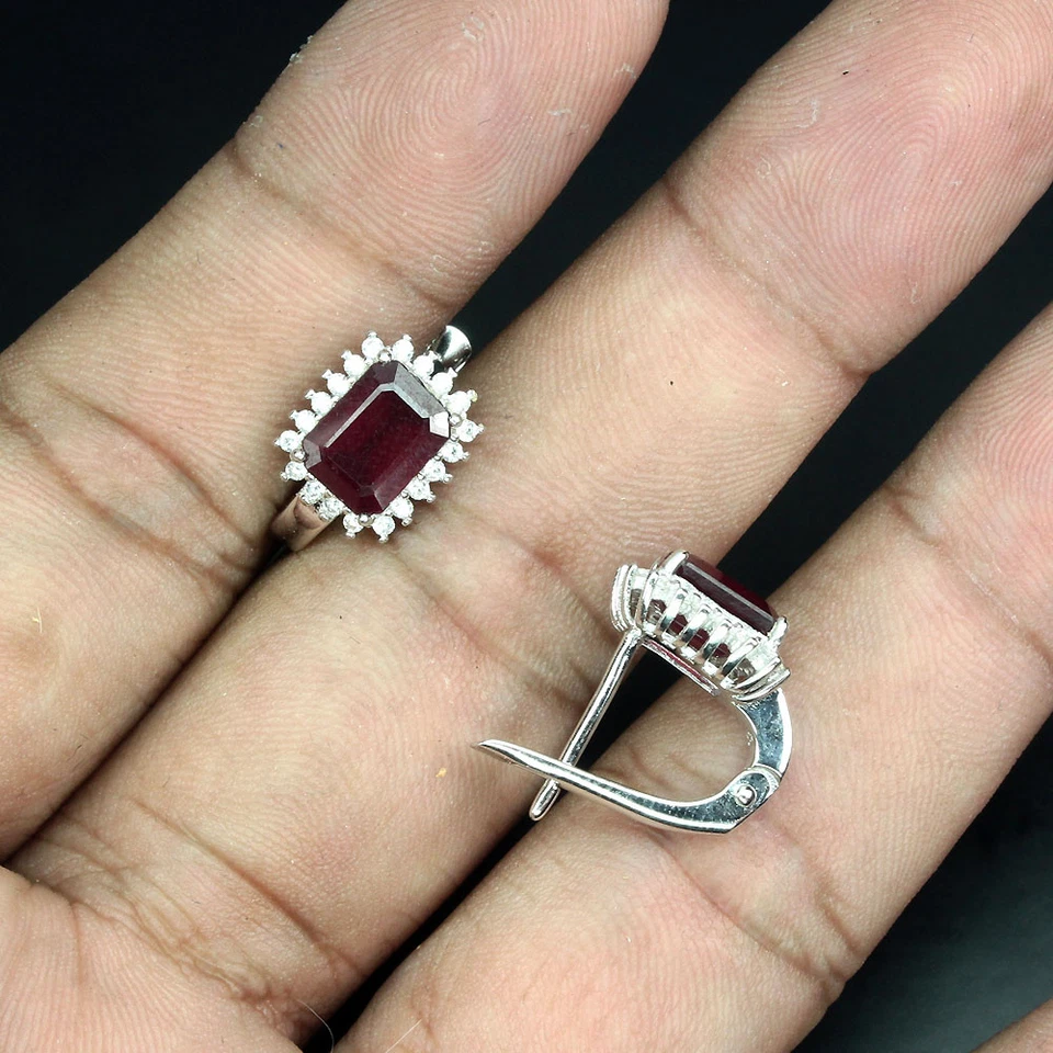 925 Sterling Silver Earrings Octagon Ruby 8x6mm Simulated Cz Gemstone Jewelry - Image 4 of 4