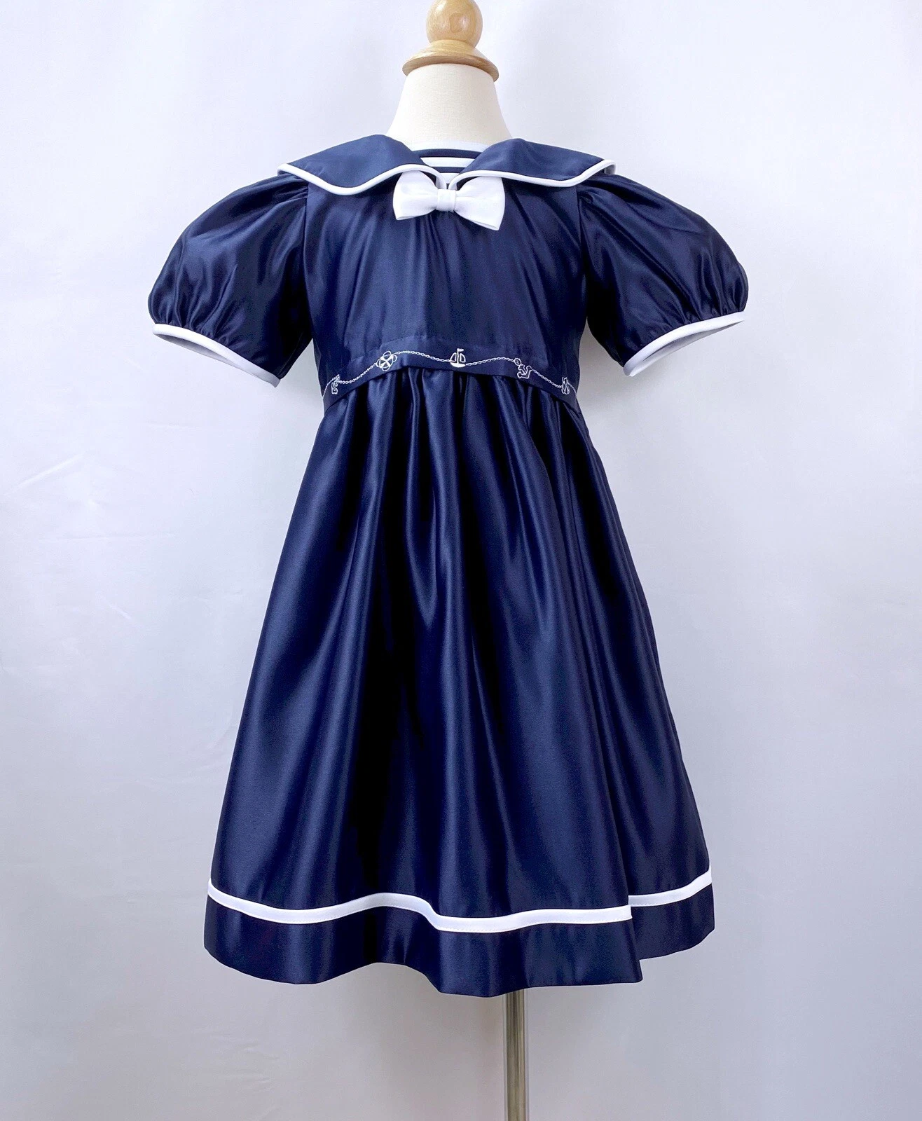 ANGELS NEW YORK Girls Blue White Satin Nautical Dress Embroidered Sz 5 NWT