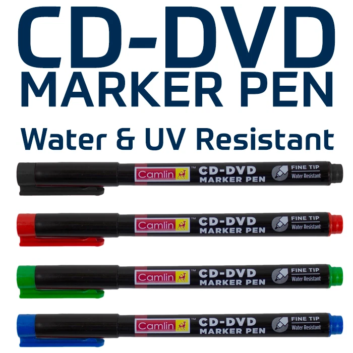 CAMLIN 2X CD-DVD MARKER PEN FINE TIP WATER/ UV RESIST 4 COLOURS SMOOTH DARK MARKING