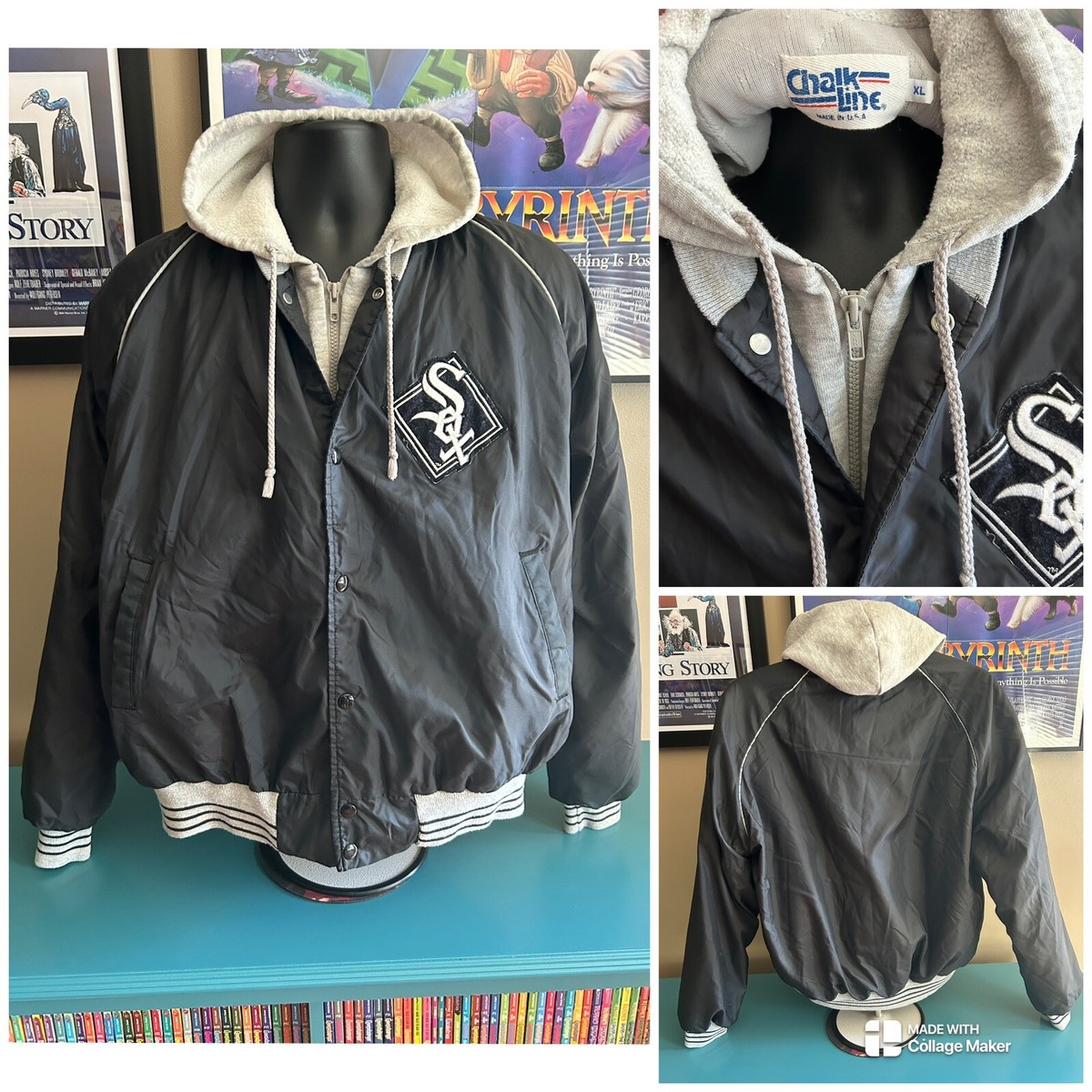 Vintage Chicago White Sox Chalk Line Hooded Bomber Puffer Coat Zip 