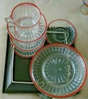 Vintage Anchor Hocking? Red & White Banded Ring Plates 8" & 2 Cups 4 Saucers