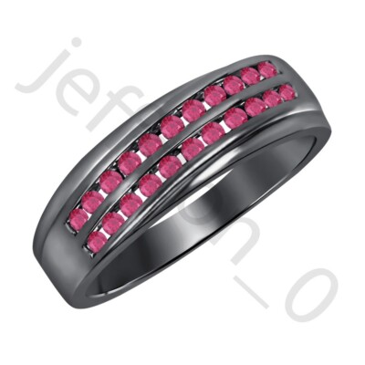 0.90 Ctw Lab Created Ruby 14K Black Gold Over Two Rows Band Men's Ring