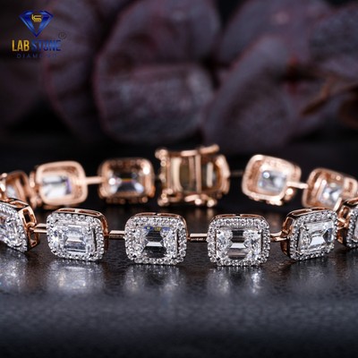 12.18 TCW Emerald &Round Cut Moissanite Diamond Bracelet 10k Rose Gold Labstone