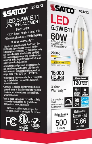 S21273 - LED B11 Candelabra Light Bulb, 5.5W, Warm White, Clear, 120V, E12, 6 Pa - Picture 7 of 9