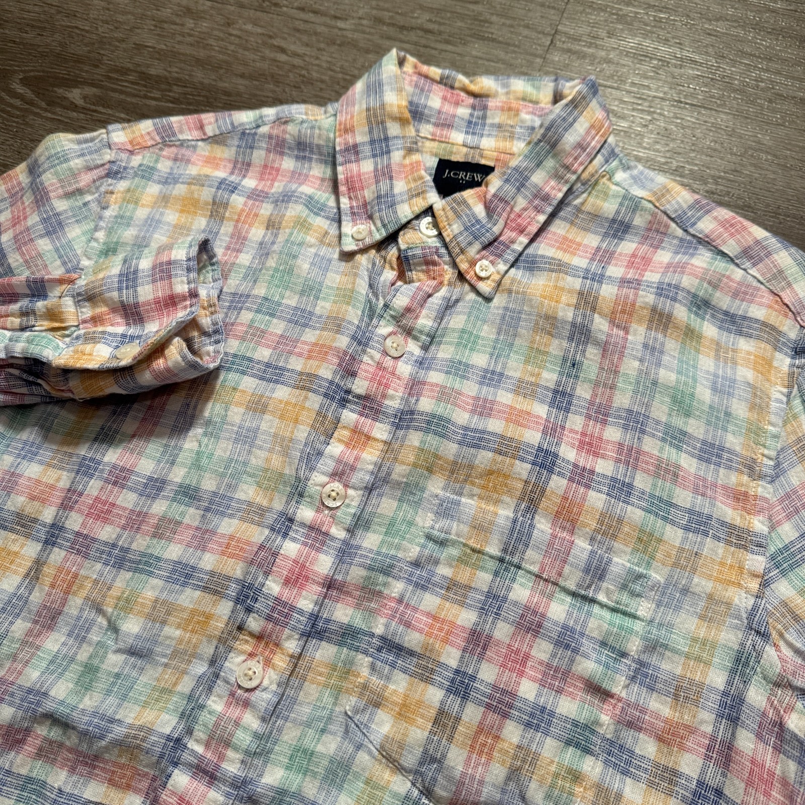 J Crew Shirt Mens Small Plaid Linen Blend Long Sleeve Button Up Preppy Pocket