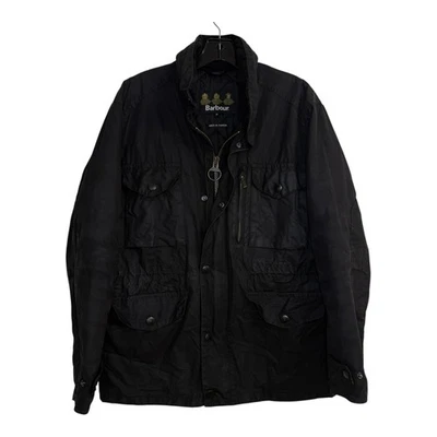 Barbour Mens Waxed Cotton Field Jacket Black Utility Multi Pocket Hooded Coat M
