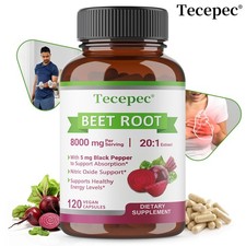 Organic Beet Root 8000 Mg Strength 20:1 Extract 120 Vegan Capsules Heart Health