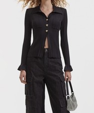 Self-Portrait Black Ribbed Viscose Knit Top Size UK Medium Button Up Design