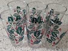 6 Indiana Glasses Holly  Berries Vintage Tumblers Christmas 12 oz Glasses 5.25  