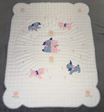 Baby Quilt 42.5  X 56.5  White Aplique Dogs Cats Flowers Rectangle Vintage Chrty