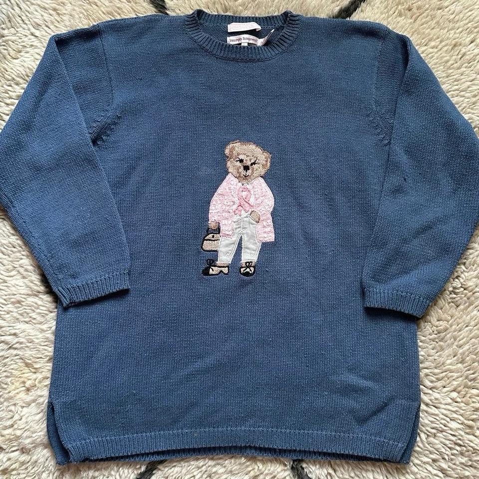 Lauren Hansen свитер плюшевый медведь девочка розовый синий винтажный рак молочной железы лента - Изображение 4 из 4