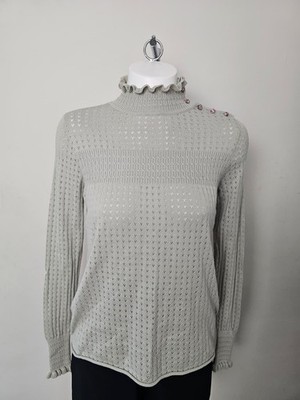On This Note Victorian influenced Eyelet Ruffle Neck Knit Sage Jumper - S/Small