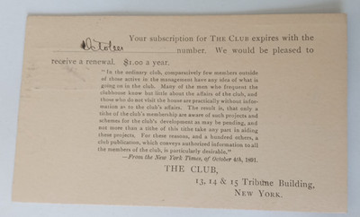 1892 NEW YORK NY POSTCARD THE CLUB MAGAZINE 13,14,&15 TRIBUNE BUILDING NEWSPAPER