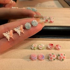 Women's Colorful Resin Flower Butterfly Ear Studs Set Sweet Earrings Jewelry