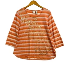 Zenergy by Chico's Womens Size 3 U.S. XL 16 Orange Striped No Iron 3/4 Sleeve